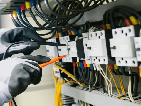 Hands and a screwdriver at an electrical panel.